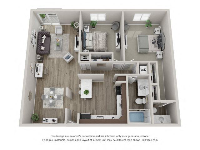 Floor plan for 2 beds, 1.5 baths, 1030 sqft